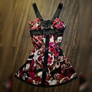 Y2K Sele Dress Medium M Floral Satin Waist Ribbon Bow Retro Vibe Mini